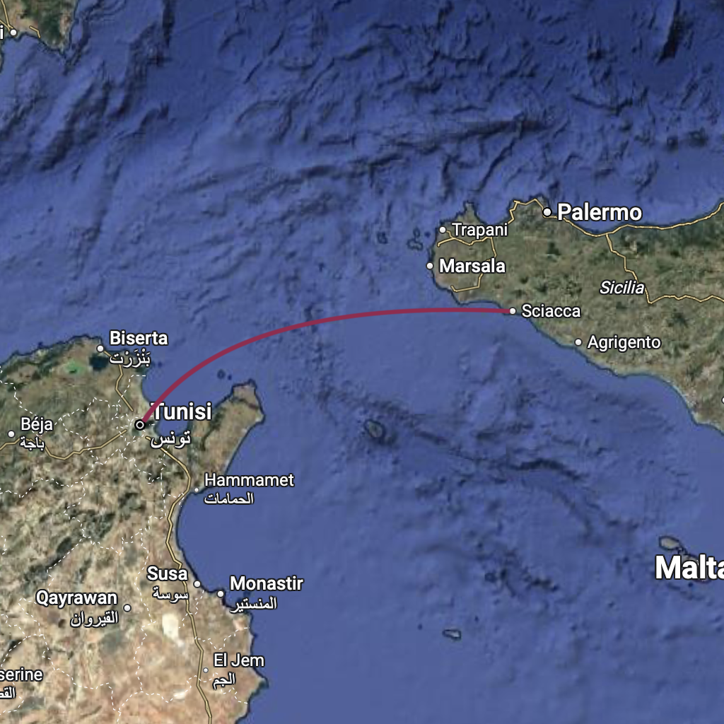 Mappa della rotta Sciacca-Tunisi (270 KM)