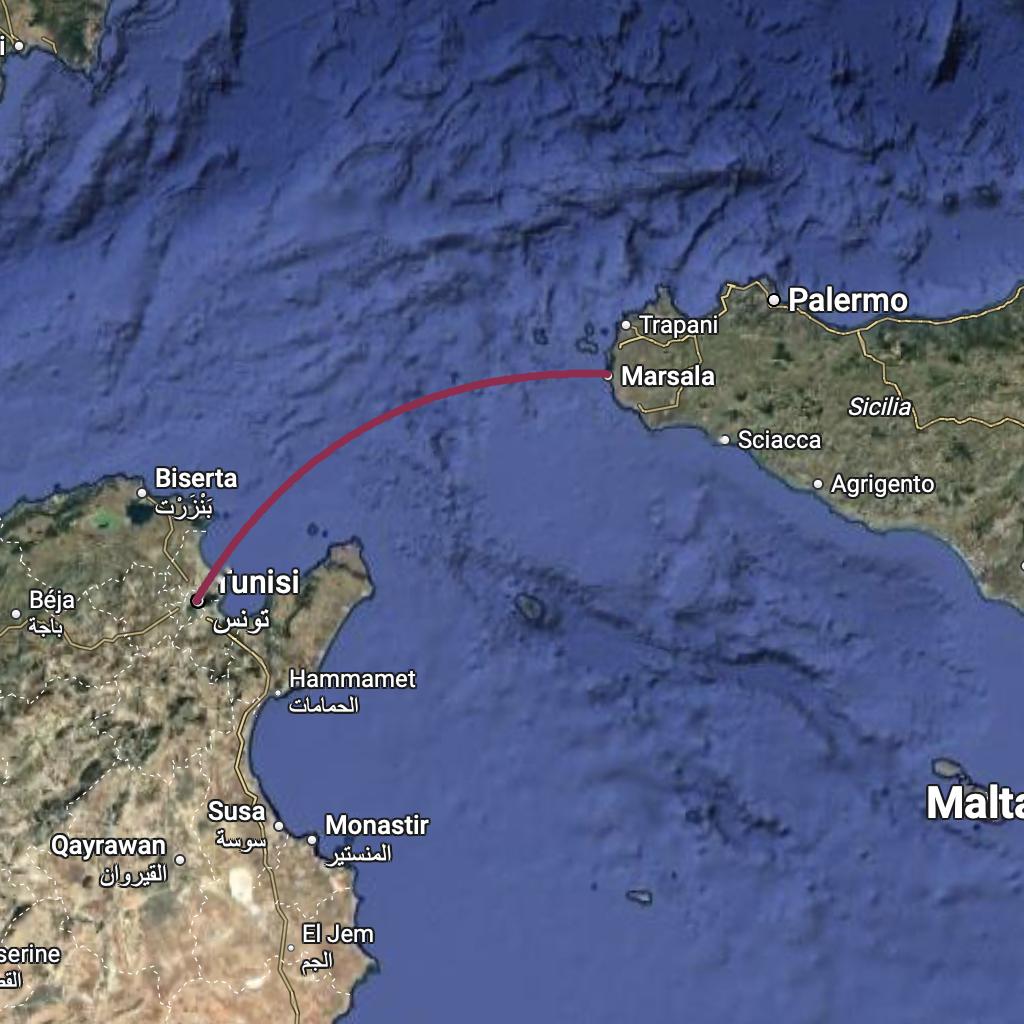 Mappa della rotta Marsala-Tunisi (270 KM)